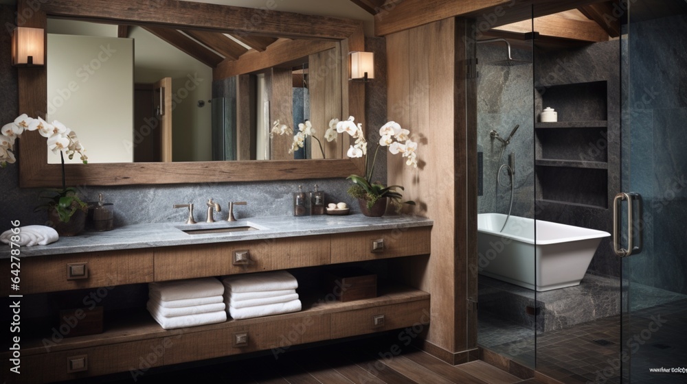 a rustic and spa-like bathroom retreat, focusing on the use of calming colors, high-end fixtures, and innovative storage solutions