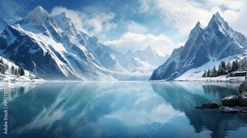 a picture of a serene glacial lake surrounded by towering snow-capped peaks, with reflections of the mountains in the still waters