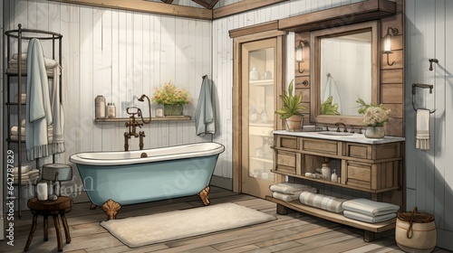 a rustic and spa-like bathroom retreat  focusing on the use of calming colors  high-end fixtures  and innovative storage solutions