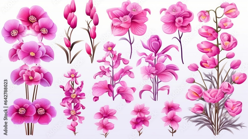 A set of flowers orchid and daisy, against an isolated white background, Neon Pink Color