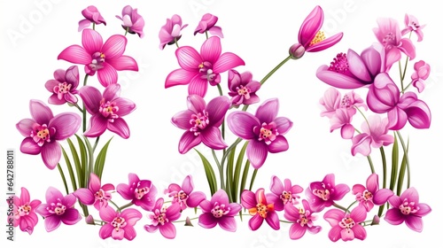 A set of flowers orchid and daisy  against an isolated white background  Magenta Pink Color