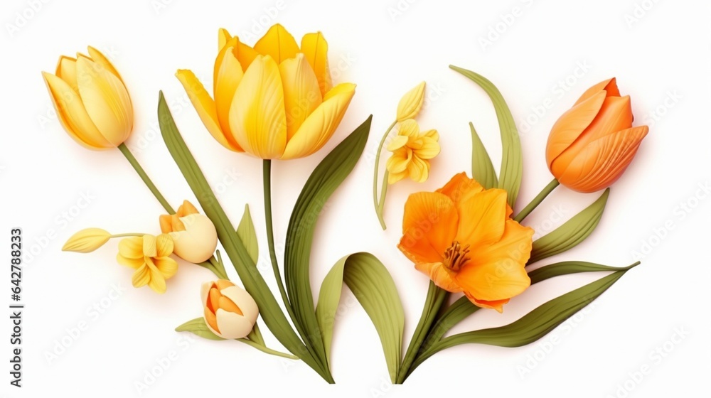 A set of flowers tulip and daffodil, against an isolated white background, Amber Yellow Color