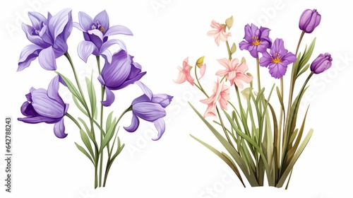 A set of flowers tulip and daffodil, against an isolated white background, Lavender Purple Color