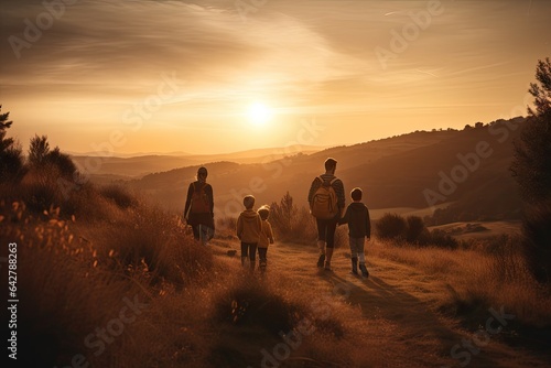 three people walking down a path in the mountains at sunset, while the sun is setting on the horizon behind them