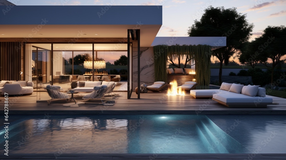 A sophisticated outdoor patio complete with a pool. Modern house