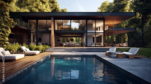 A sophisticated outdoor setting complete with a pool. Modern house