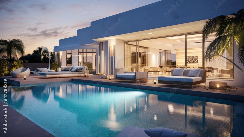 A stylish poolside escape with a sparkling pool. Stylish abode