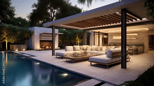 A stylish poolside retreat in a modern outdoor space. Modern residence © DESIRED_PIC