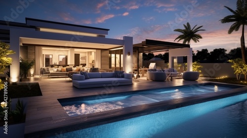 A trendy pool area with an inviting swimming pool. Contemporary abode