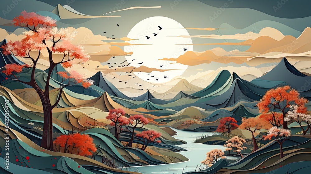 Illustration nature landscape, such as trees, mountains, and the sun.