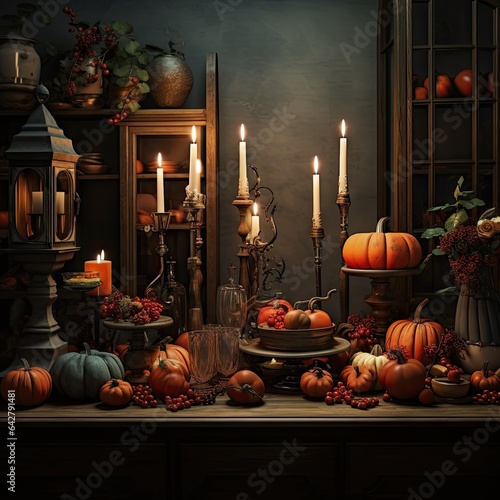 pumpkins, candles and other items on a wooden table in front of a blue wall with an old window