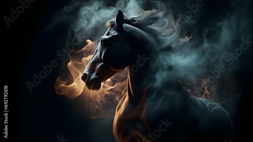 artisticly lit horse head with smoke and fumes on black background. Neural network generated in May 2023. Not based on any actual scene or pattern.