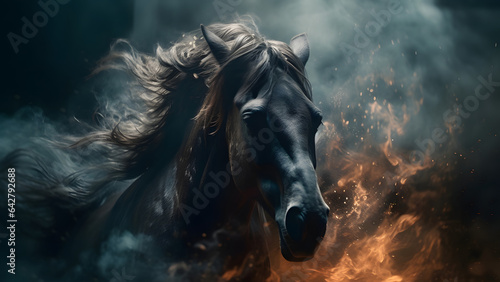 artisticly lit horse head with smoke and fumes on black background. Neural network generated in May 2023. Not based on any actual scene or pattern. © lucky pics