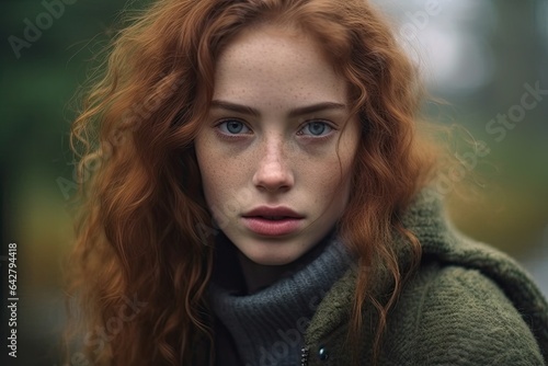 a woman with red hair and blue eyes looking at the camera while she's wearing a green knit sweater
