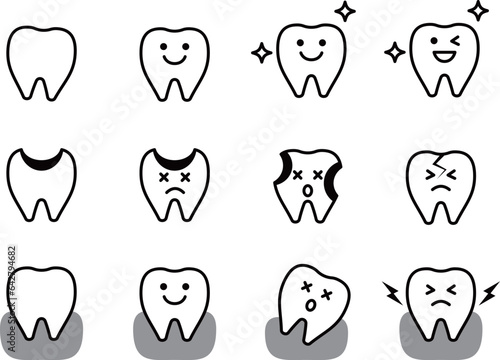 モノクロの歯の表情アイコンセット