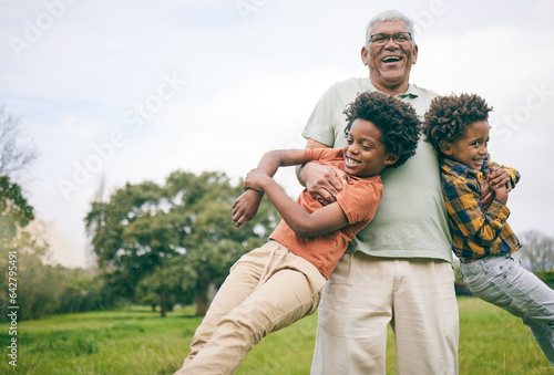 Grandfather, portrait and funny children in nature, play or bonding together outdoor at garden. Smile, laughing and grandpa at park with kids, having fun and hug of interracial family on mockup space