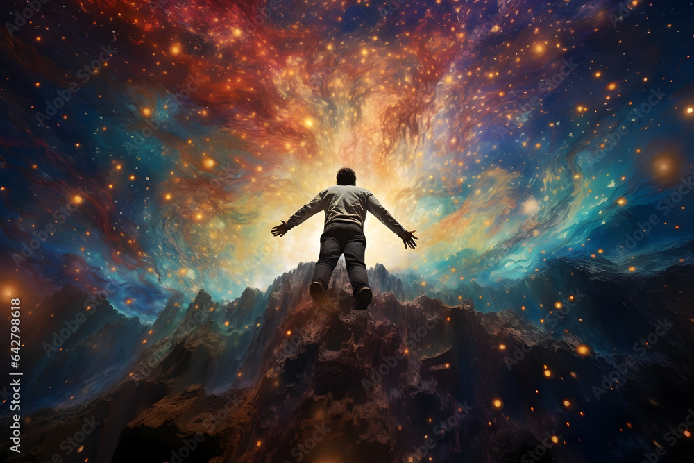 A Man Drifting in a Colorful Sea of Stars, Symbolizing the Profound Connection Between the Individual and the Universe