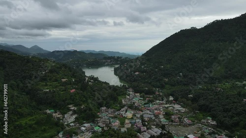 Aerial shot of a lake in the mountains. Bhimtal lake bird's eye view naiinital lake.  photo