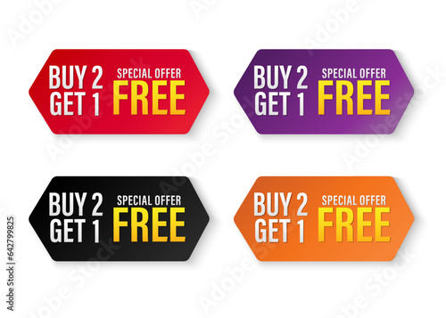 Set of buy 2 get 1 Free tags sale, Design red black, purple, orange, and yellow style, Banner design template for advertising. Special offer promotion or retail. Vector Illustration.