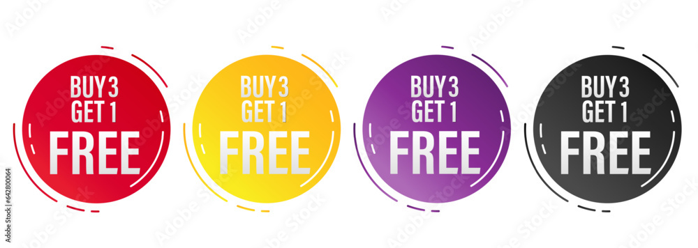 Set of buy 3 get 1 Free tags sale, Design red black, purple, orange, and yellow style, Banner design template for advertising. Special offer promotion or retail. Vector Illustration. - obrazy, fototapety, plakaty 
