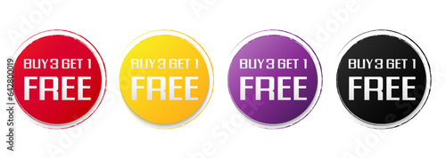 Set of buy 3 get 1 Free tags sale, Design red black, purple, orange, and yellow style, Banner design template for advertising. Special offer promotion or retail. Vector Illustration.