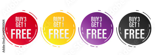 Set of buy 3 get 1 Free tags sale, Design red black, purple, orange, and yellow style, Banner design template for advertising. Special offer promotion or retail. Vector Illustration.