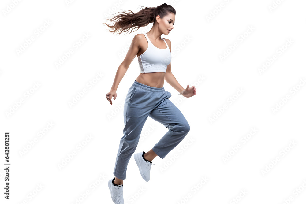 Portrait of a Woman in Sports Jeans Isolated on White, Engaged in a Workout and Physical Fitness Routine