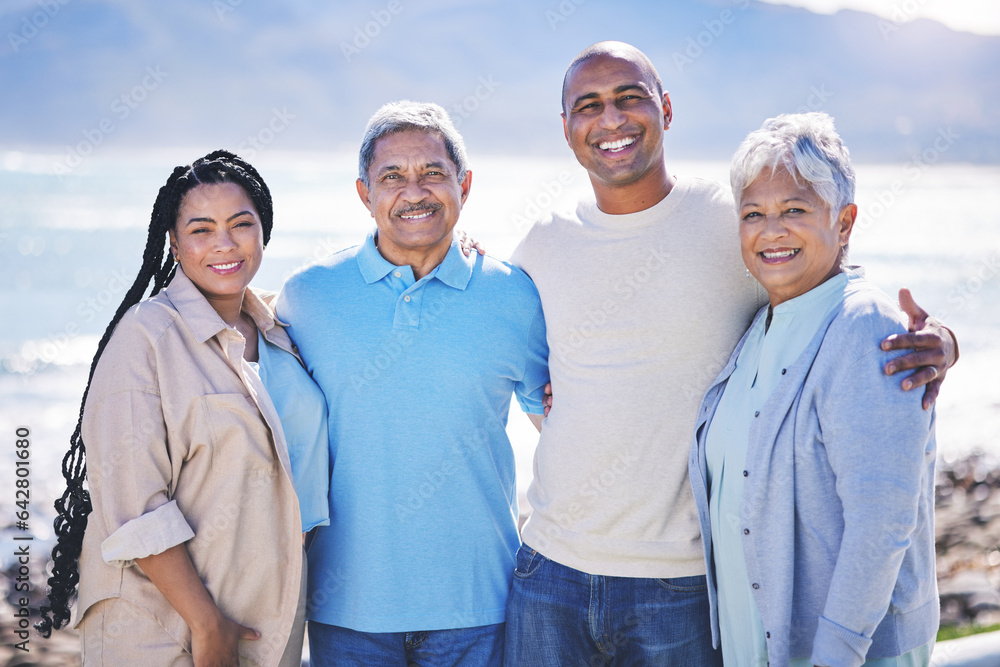 Beach, portrait and family or parents on vacation in tropical holiday location for love, care and support together. Hug, smile and senior people with man and woman for travel adventure on an island Beach, portrait and family or parents on vacation in tropical holiday location for love, care and support together. Hug, smile and senior people with man and woman for travel adventure on an island
