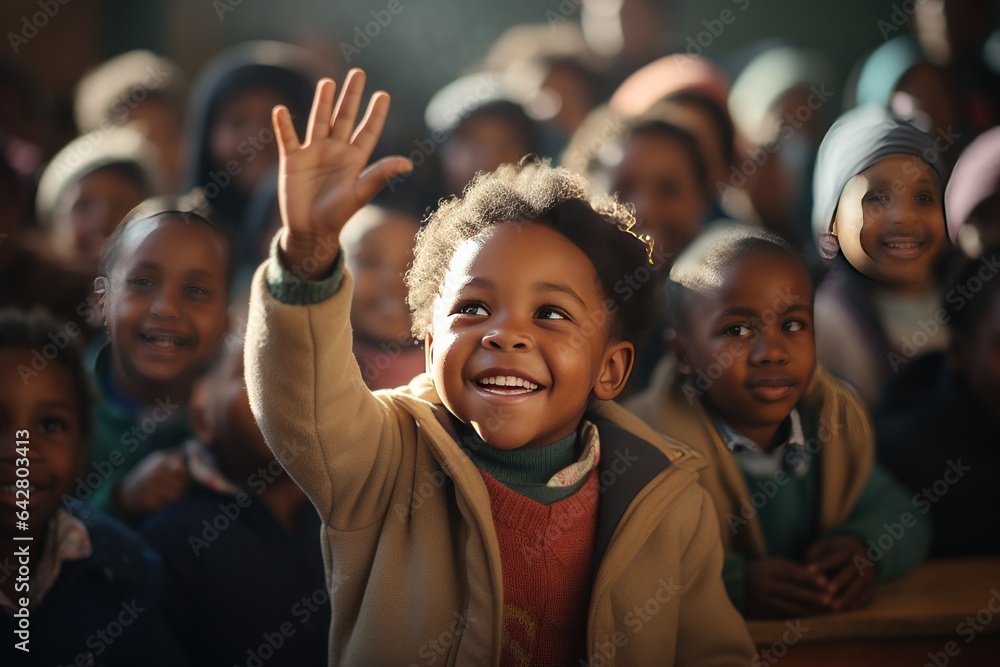 The African laughing children student raised his right hand to question the teacher at class The African laughing children student raised his right hand to question the teacher at class