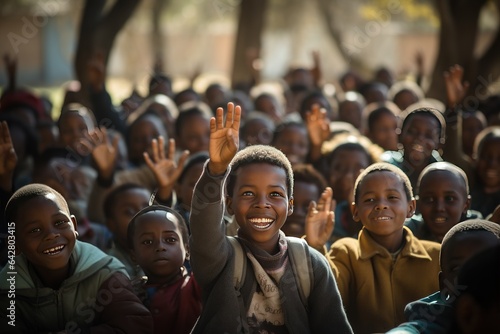 The African laughing children student raised his right hand to question the teacher at class