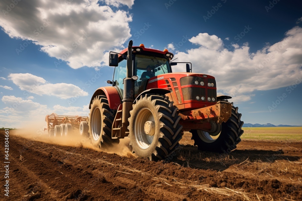 The tractor drills grain at the field. agricultural activities The tractor drills grain at the field. agricultural activities