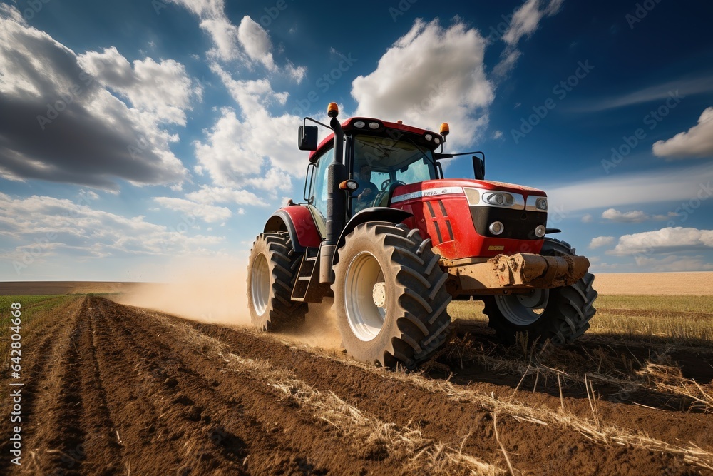 The tractor drills grain at the field. agricultural activities The tractor drills grain at the field. agricultural activities