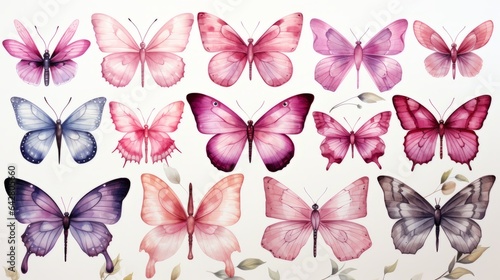 DIFFERENT SPECIES OF BUTTERFLIES ON WHITE BACKGROUND. COLLECTION OF ELEGANT EXOTIC BUTTERFLIES.