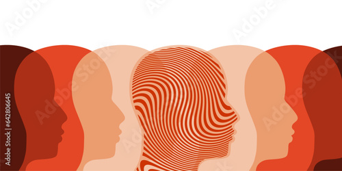 Human silhouettes. Overlay heads. Standing out from the crowd concept. Business, sport and psychology