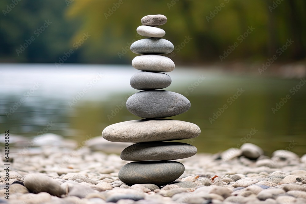 A balanced zen rock sculpture on a rugged beach created with Generative AI technology A balanced zen rock sculpture on a rugged beach created with Generative AI technology