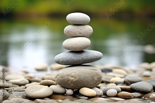 A balanced stack of zen rocks in nature created with Generative AI technology