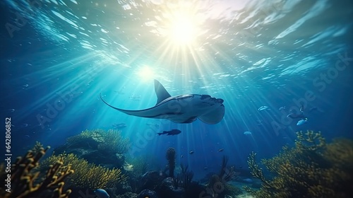 a manta fish swimming in the ocean with sunlight shining through the water and corals around it's surface photo