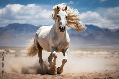 A majestic white horse galloping through a scenic desert landscape with stunning mountain views created with Generative AI technology