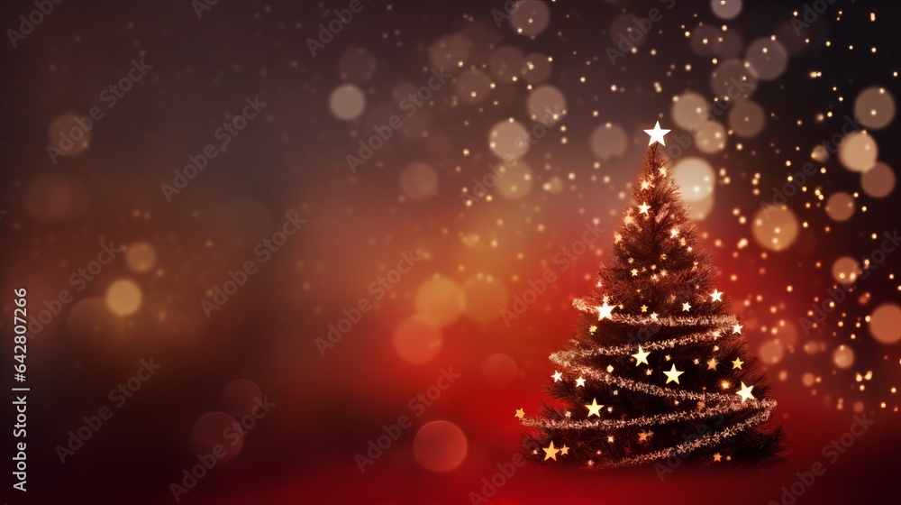 Christmas background with xmas tree and sparkle bokeh lights on red canvas background, copy space 16:9 Christmas background with xmas tree and sparkle bokeh lights on red canvas background, copy space 16:9