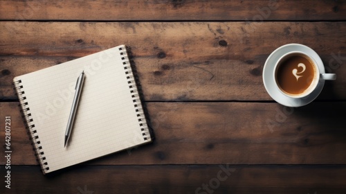 Cup of coffee and notepad on wooden table, copy space, 16:9