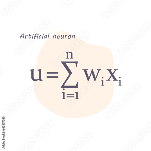 Mathematical formula of the artificial neuron. Summing and activation functions. Neural network research. Machine learning.