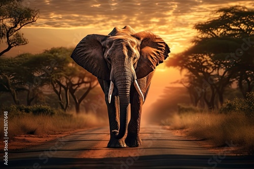 A majestic elephant strolling along a dusty road created with Generative AI technology