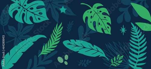 Green vector background with scattered abstract leaves, flowers and other botanical elements. Random cutout tropical foliage collage, ornamental texture, cute decorative pattern