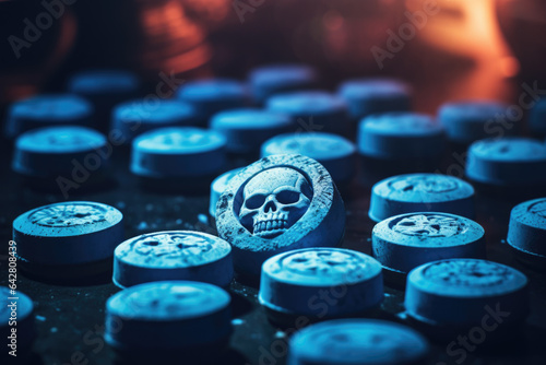 Blue ecstasy pills or extasy tablets with a debossed skull containing mdma photo