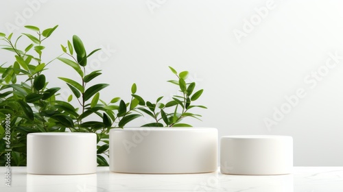 Minimalistic home with light neutral color background interior wall with natural lighting background with vase, green plant, mock up with copy space banner graphic layout. Generative AI 