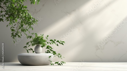 Wallpaper Mural Minimalistic home with light neutral color background interior wall with natural lighting background with vase, green plant, mock up with copy space banner graphic layout. Generative AI  Torontodigital.ca