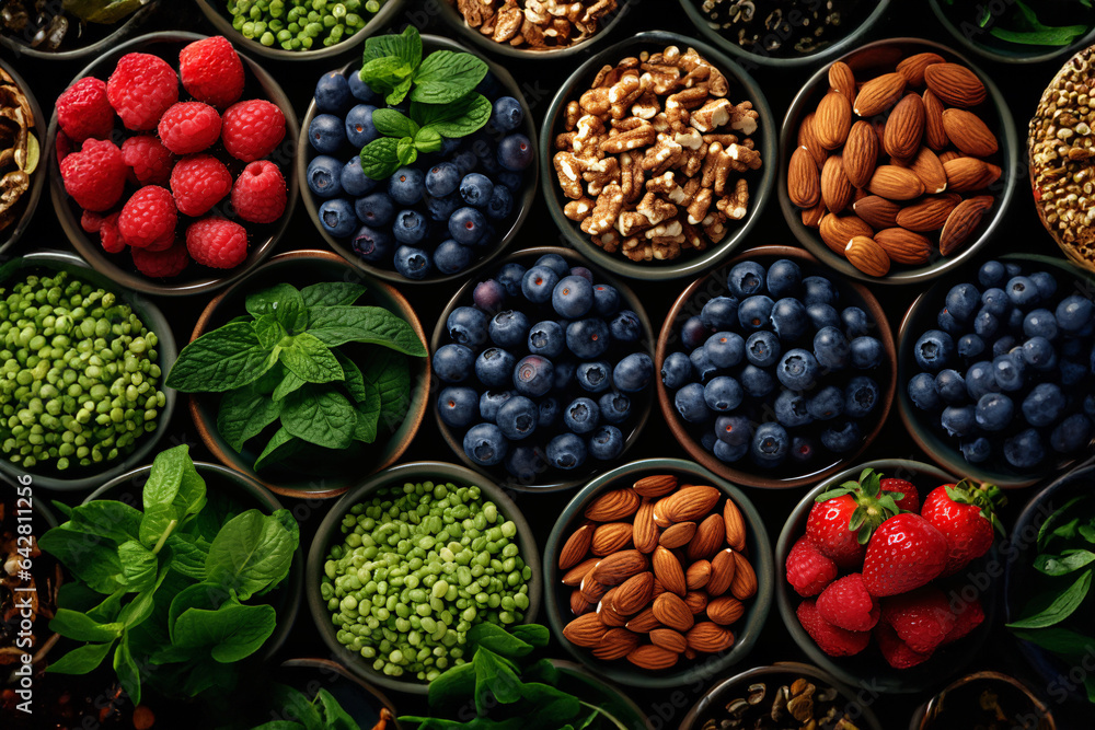 Healthy food background. Assortment of different superfoods in bowls over dark background.