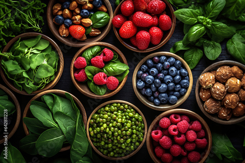 Healthy food background. Assortment of different superfoods in bowls over dark background.
