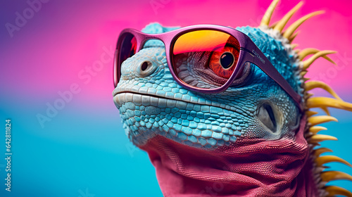 Chameleon wearing sunglasses on blue background. close-up.