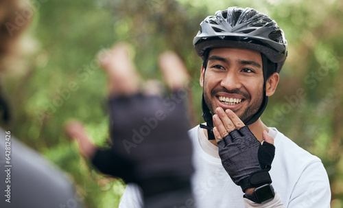 Fototapeta Naklejka Na Ścianę i Meble -  Cycling, sign language and a man in outdoor for fitness, training or communication with a deaf friend. Team building, exercise and a cyclist talking to a sports person with a disability in nature